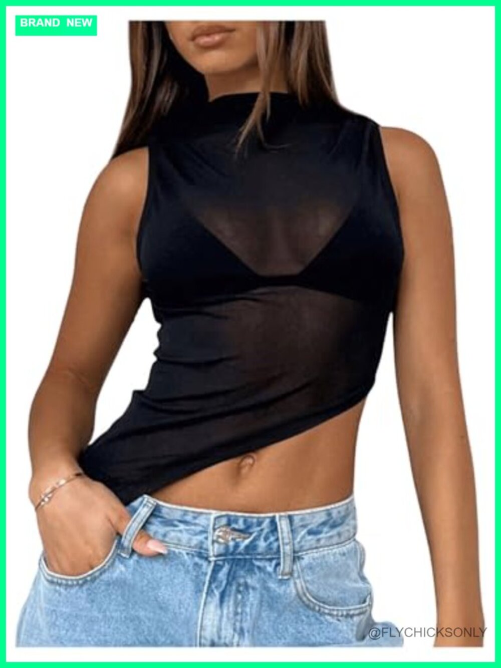 Women's Sheer Mesh Mock Neck Crop Tank Top Sleeveless Slim Fit